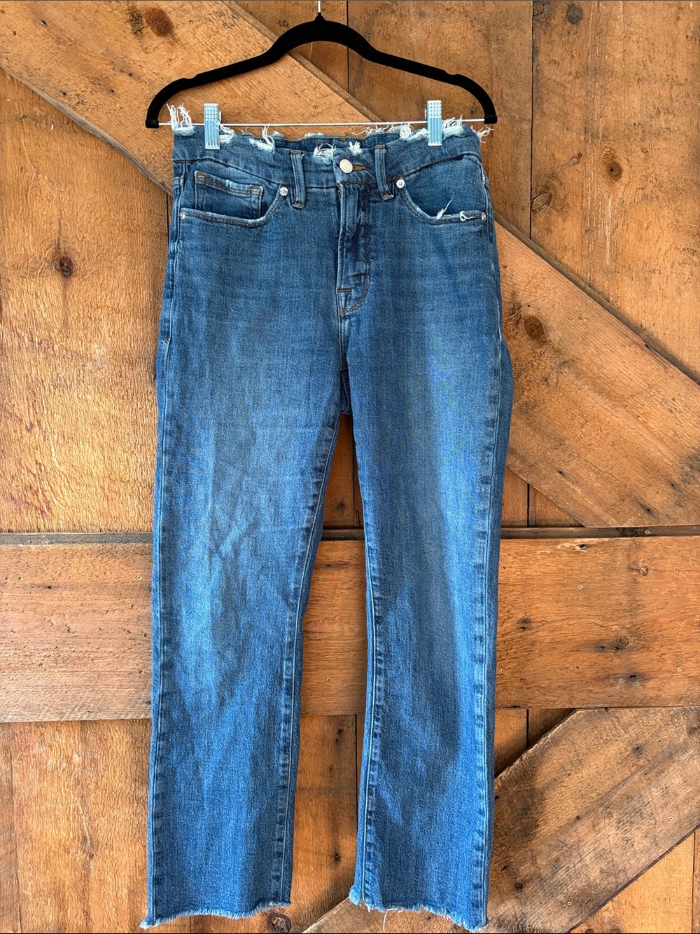 Good American Womens Raw Fray Waist Boot Cut Jeans Medium Blue Denim 0010
